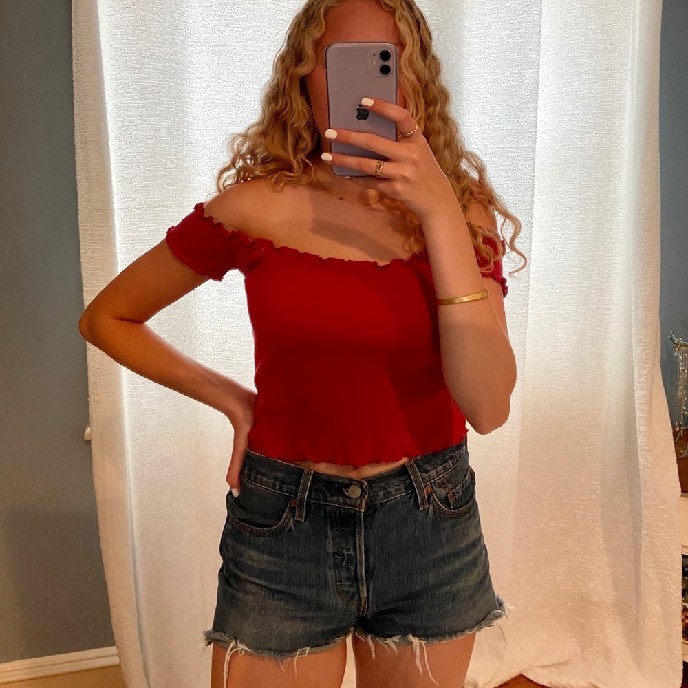 J. Galt ruffled off-the-shoulder red crop top